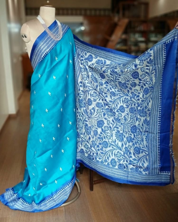 Santiniketan Kantha Saree in pure Bisnupuri Silk – (SNBK1039) - Image 3