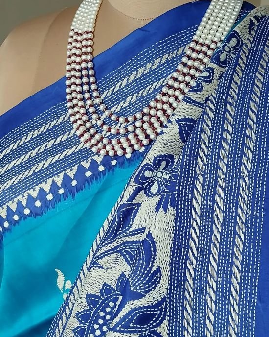 Santiniketan Kantha Saree in pure Bisnupuri Silk – (SNBK1039) - Image 7