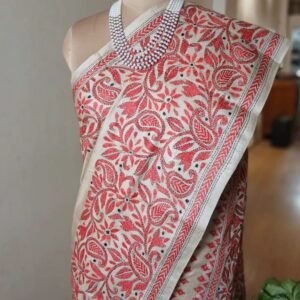 Tussar Silk Hand-Embroidered Kantha Saree from Santiniketan - (SKTS1024)