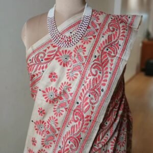 Tussar Silk Hand-Embroidered Kantha Saree from Santiniketan – (SKTS1025)