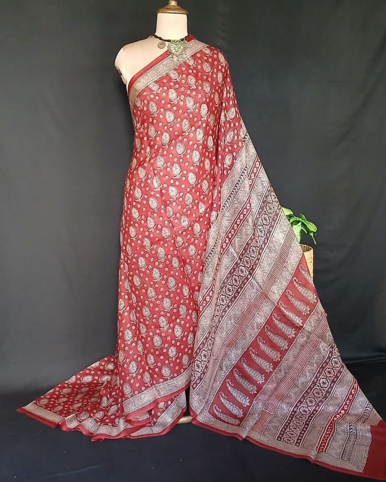 Natural Dyes Handblock from Bagh on Kota Silk – (BKSS0019) - Image 2