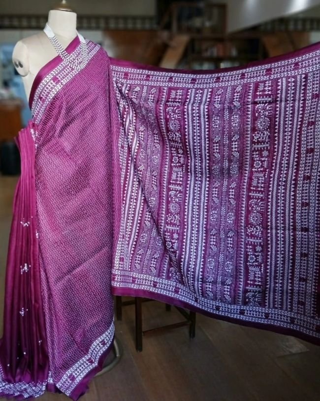 Santiniketan Kantha Saree in pure Bisnupuri Silk – (SNBK1048) - Image 2