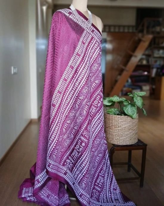 Santiniketan Kantha Saree in pure Bisnupuri Silk – (SNBK1048) - Image 7
