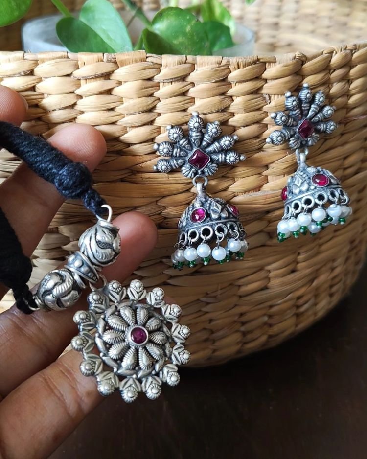 Silver Jhumkas and Pendant Set - (SJPS0001)