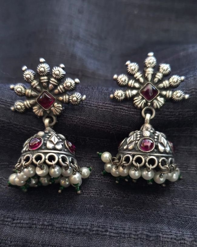 Silver Jhumkas and Pendant Set - (SJPS0001) - Image 2