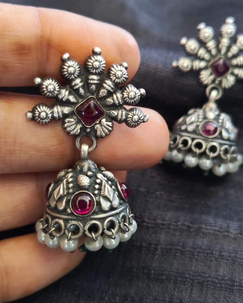 Silver Jhumkas and Pendant Set - (SJPS0001) - Image 6
