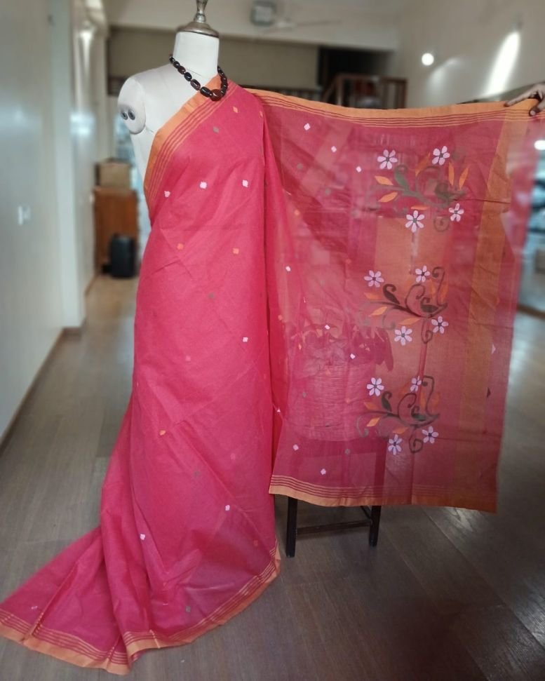 Crisp Cotton Hand Jamdani from Phulia in West Bengal – (CCHJ0014) - Image 4