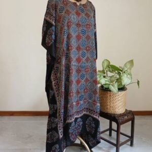 Long Kaftan-style dress in Natural dyes Ajrakh modal silk -(LKSD0001)