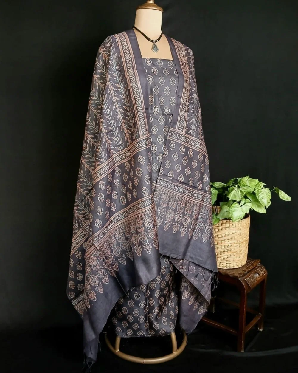 Two-Piece Salwar Sets in Pure Tussar Silk with Natural Dyes Ajrakh – (TPSS1007)