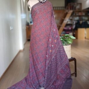 Barmer Ajrakh with Embroidered Palla Mul Cotton Saree – (AMCE1101)