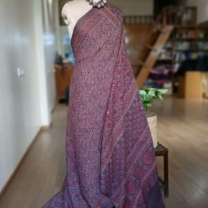 Barmer Ajrakh with Embroidered Palla Mul Cotton Saree – (AMCE1111)