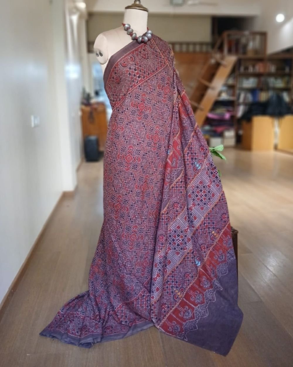 Barmer Ajrakh with Embroidered Palla Mul Cotton Saree – (AMCE1116)