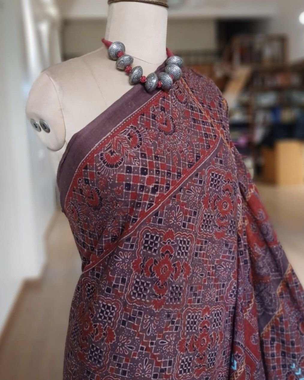 Barmer Ajrakh with Embroidered Palla Mul Cotton Saree – (AMCE1116) - Image 2