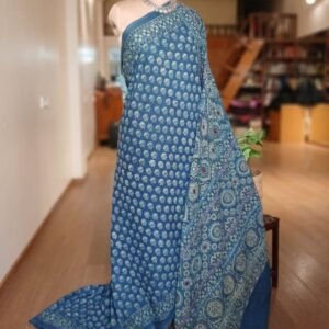 Barmer Ajrakh with Embroidered Palla Mul Cotton Saree – (AMCE1117)