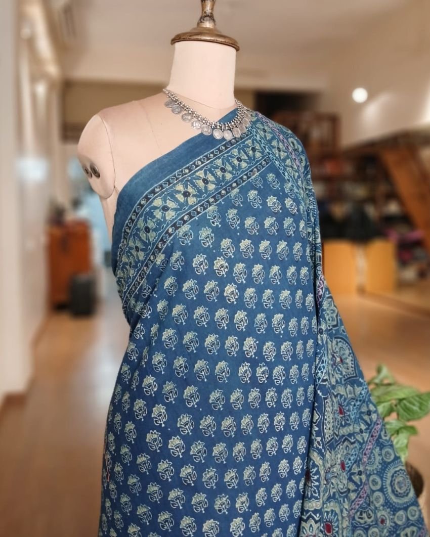 Barmer Ajrakh with Embroidered Palla Mul Cotton Saree – (AMCE1117) - Image 2