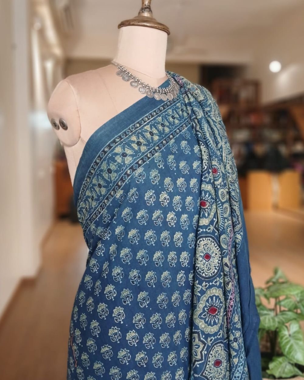 Barmer Ajrakh with Embroidered Palla Mul Cotton Saree – (AMCE1117) - Image 6