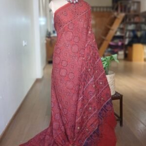 Barmer Ajrakh with Embroidered Palla Mul Cotton Saree – (AMCE1118)