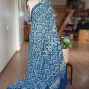 Barmer Ajrakh with Embroidered Palla Mul Cotton Saree – (AMCE1102)