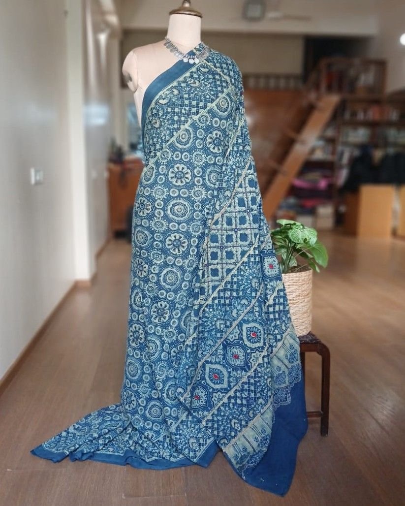 Barmer Ajrakh with Embroidered Palla Mul Cotton Saree – (AMCE1102)