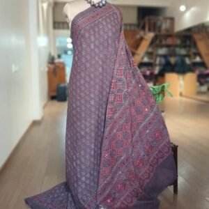 Barmer Ajrakh with Embroidered Palla Mul Cotton Saree – (AMCE1119)