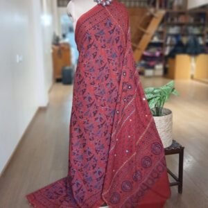 Barmer Ajrakh with Embroidered Palla Mul Cotton Saree – (AMCE1120)