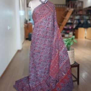 Barmer Ajrakh with Embroidered Palla Mul Cotton Saree – (AMCE1121)