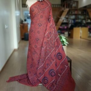 Barmer Ajrakh with Embroidered Palla Mul Cotton Saree – (AMCE1124)