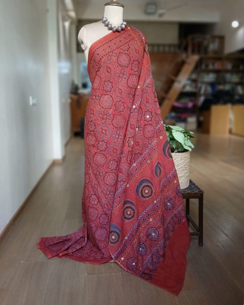 Barmer Ajrakh with Embroidered Palla Mul Cotton Saree – (AMCE1125)
