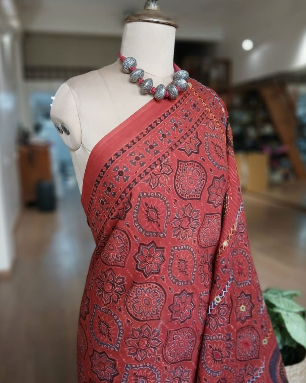 Barmer Ajrakh with Embroidered Palla Mul Cotton Saree – (AMCE1125) - Image 2