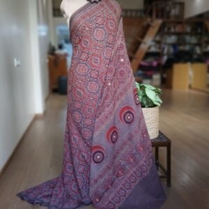 Barmer Ajrakh with Embroidered Palla Mul Cotton Saree – (AMCE1126)