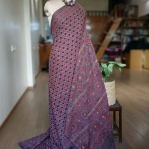 Barmer Ajrakh with Embroidered Palla Mul Cotton Saree – (AMCE1106)