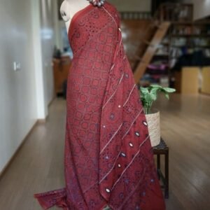 Barmer Ajrakh with Embroidered Palla Mul Cotton Saree – (AMCE1107)