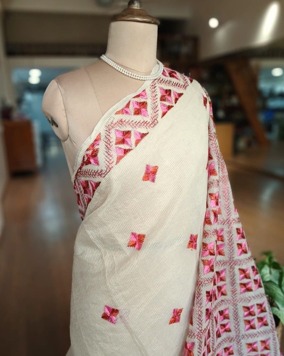 Phulkari Hand Embroidered Saree from Punjab -(PHES0005) - Image 2