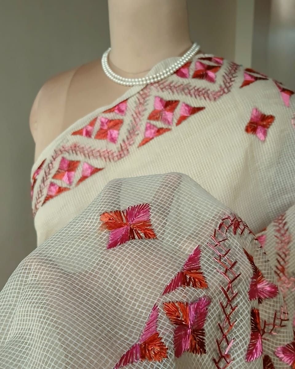 Phulkari Hand Embroidered Saree from Punjab -(PHES0005) - Image 3