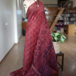 Ajrakh Handblock Saree on Silk-Cotton - (AHSC0013)