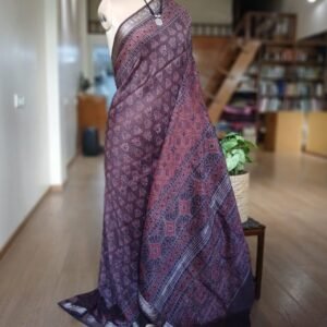 Ajrakh Handblock Saree on Silk-Cotton - (AHSC0017)