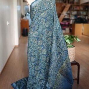 Ajrakh Handblock Saree on Silk-Cotton - (AHSC0010)