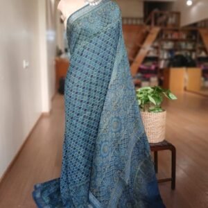 Ajrakh Handblock Saree on Silk-Cotton - (AHSC0012)
