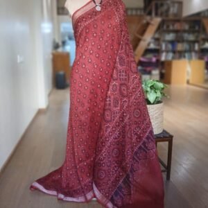 Ajrakh Handblock Saree on Silk-Cotton - (AHSC0003)