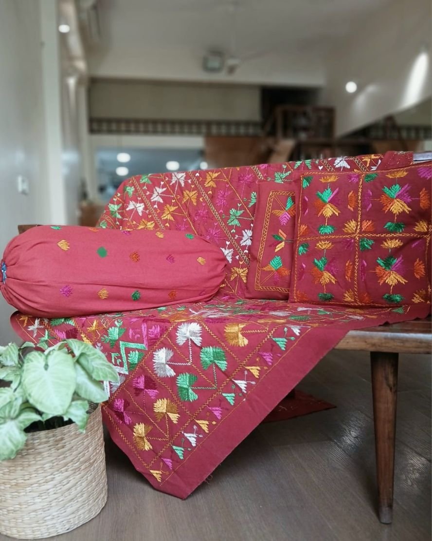 Phulkari Hand-embroidered Decorative Bedcover for single beds or divans – (PHDB0001)
