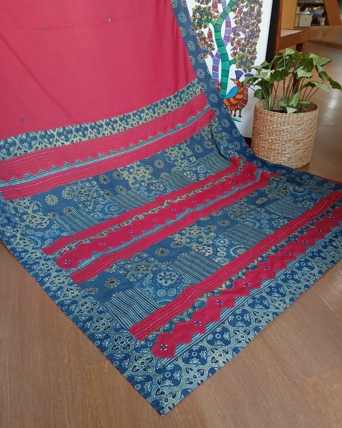 Ajrakh Applique Saree in Mul Cotton – (MCAS1043) - Image 3