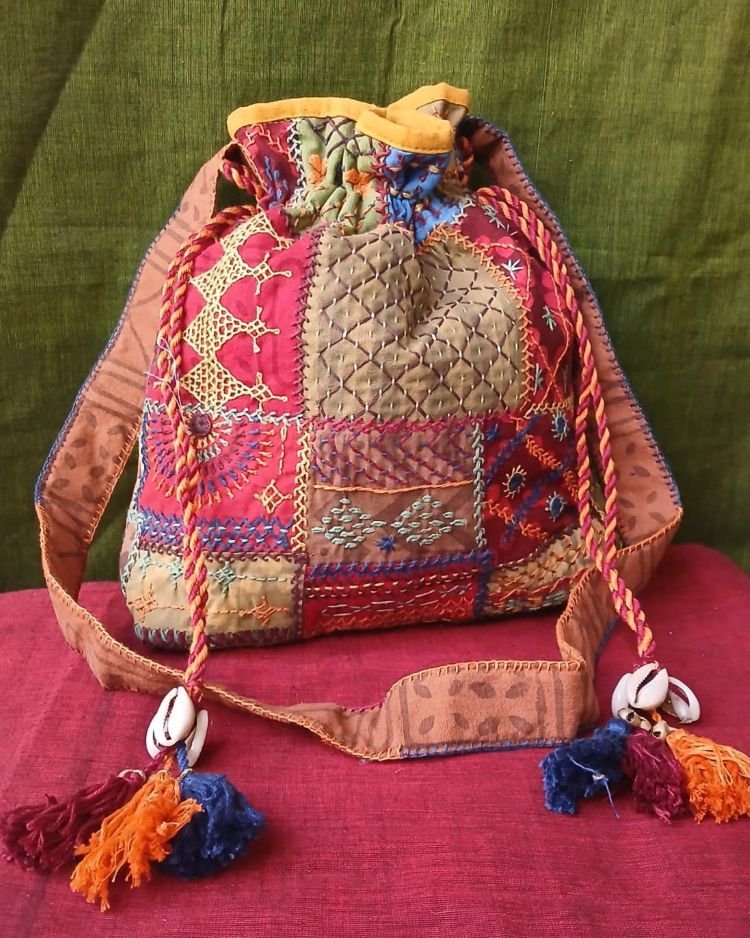 Patchwork Embroidered Drawstring Bag - (PEDB0009)