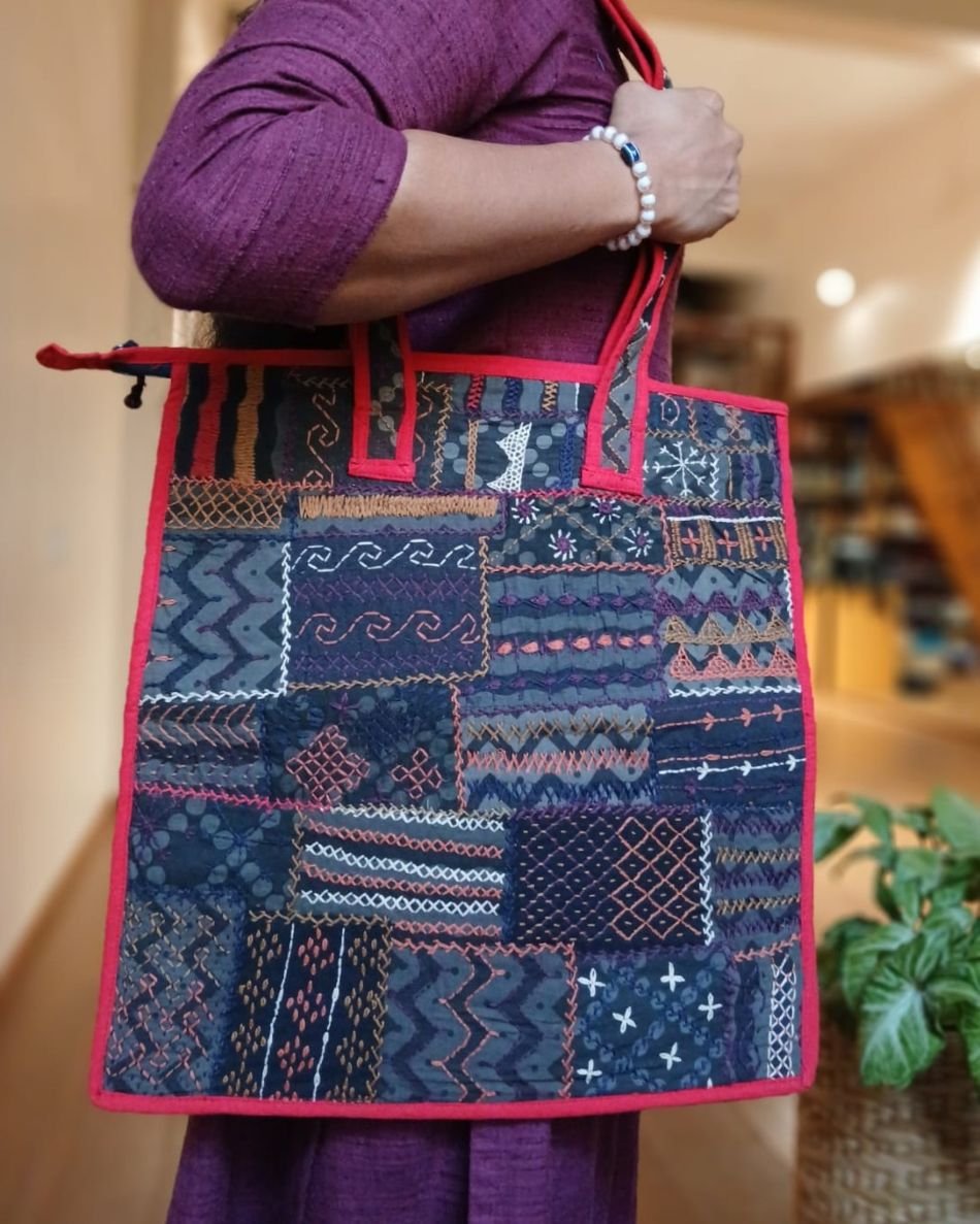 Boho Patchwork Tote Bag with Hand-Embroidery -(TOTB1114)