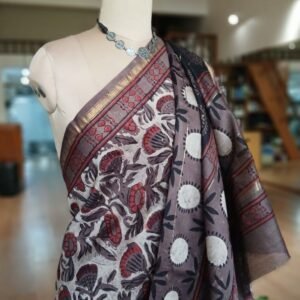 Hand Blockprint Saree on Silk-Cotton - (HBSS0007)