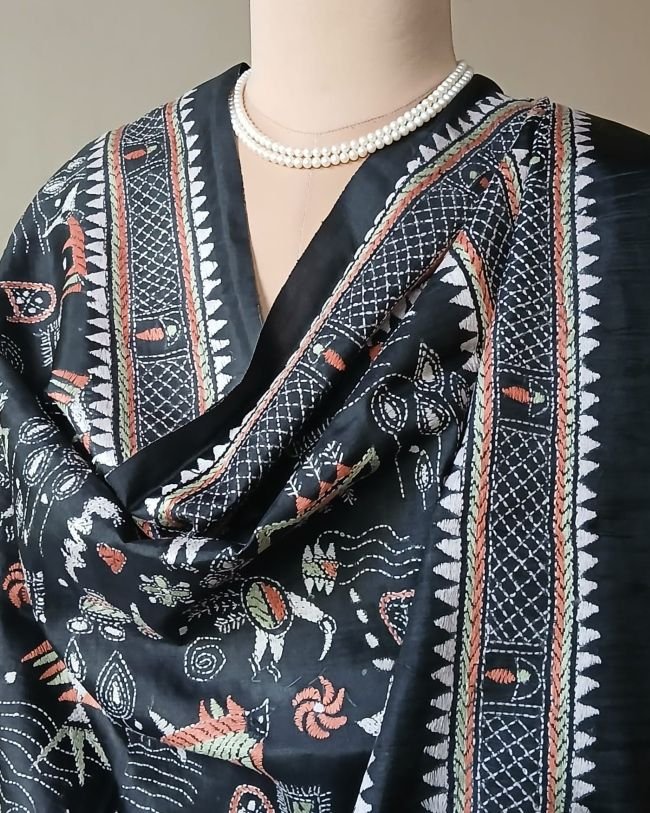 Pure Silk Kantha Dupatta from Santiniketan – (KSDS1009) - Image 5