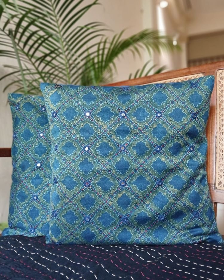Ajrakh Cushion Covers in Natural Dyes with Hand Embroidery – (CUSH1111) - Image 2