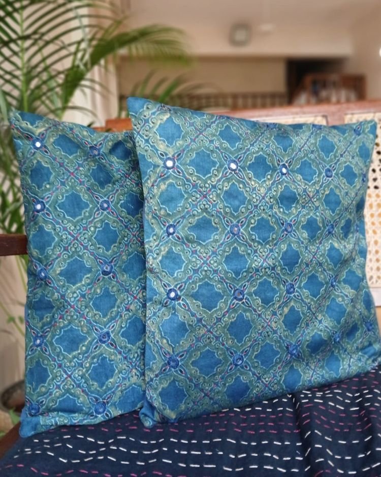 Ajrakh Cushion Covers in Natural Dyes with Hand Embroidery – (CUSH1111)