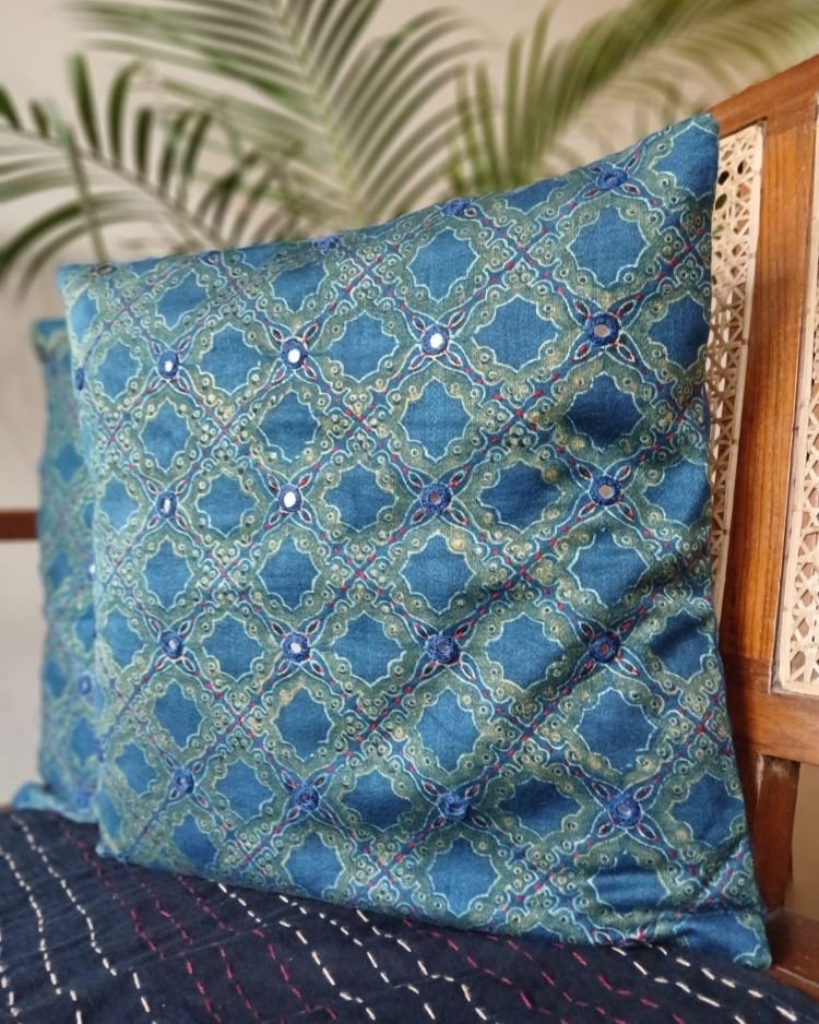Ajrakh Cushion Covers in Natural Dyes with Hand Embroidery – (CUSH1111) - Image 3