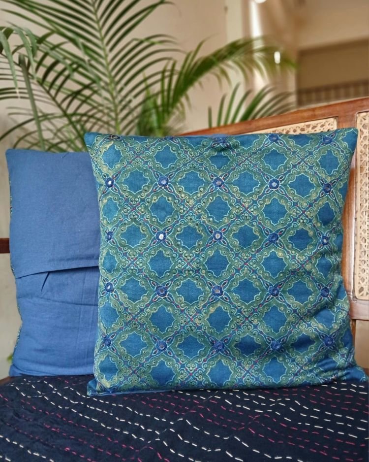 Ajrakh Cushion Covers in Natural Dyes with Hand Embroidery – (CUSH1111) - Image 5