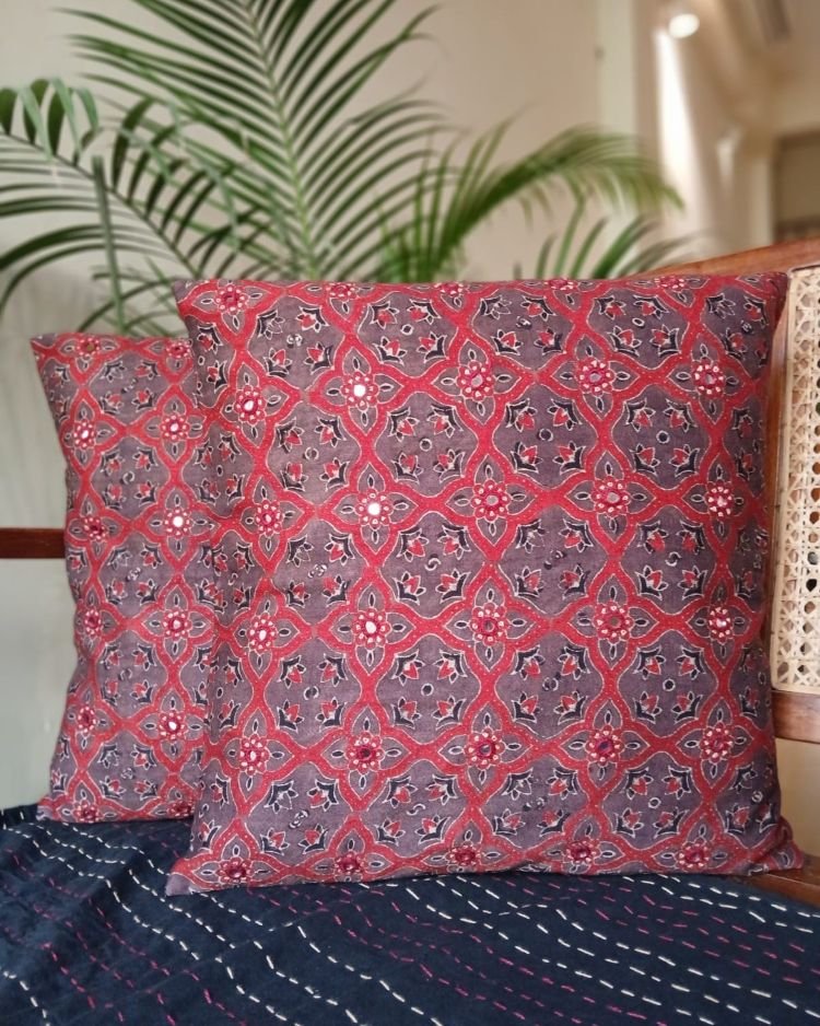 Ajrakh Cushion Covers in Natural Dyes with Hand Embroidery – (CUSH1112) - Image 2